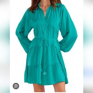 Minkpink Tiered Emma Shirt Dress Green Satin Long Sleeve NWT